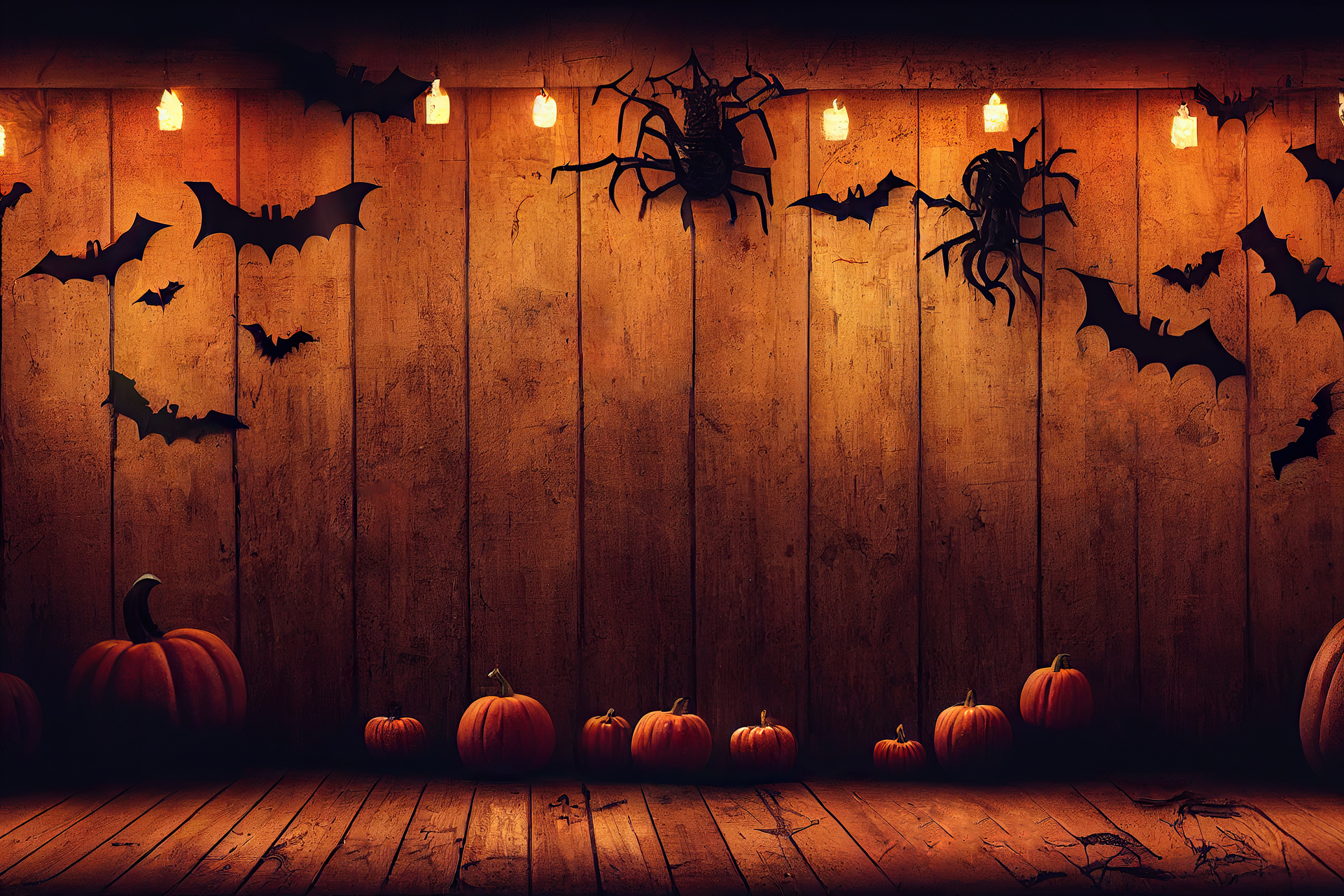 Woden wall with Halloween decorations.